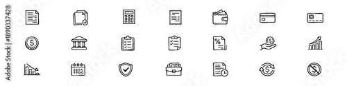 Invoice Line Editable Icons set. Vector illustration in modern thin style of finance related icons: documentation, accounting, currency, and more. Isolated on white background