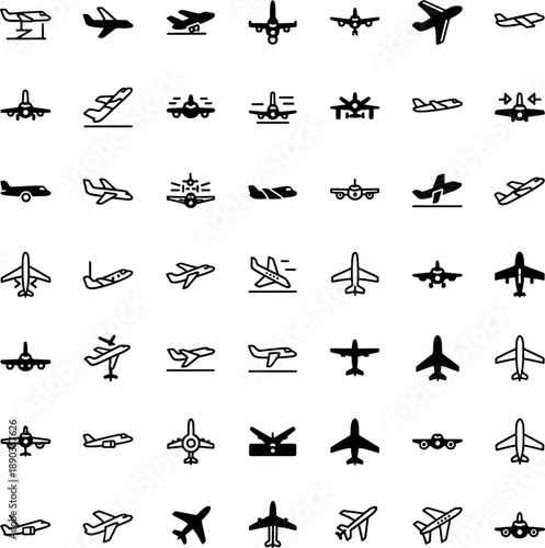 Collection of Diverse Airplane Icons and Symbols Representing Aviation Transport and Travel, Airplanes in Flight and on Ground