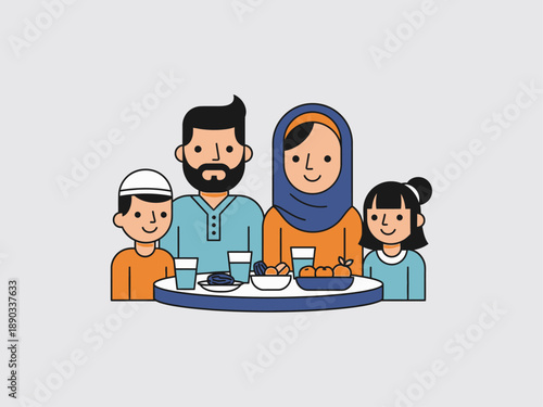 Family having meal together cartoon illustration.