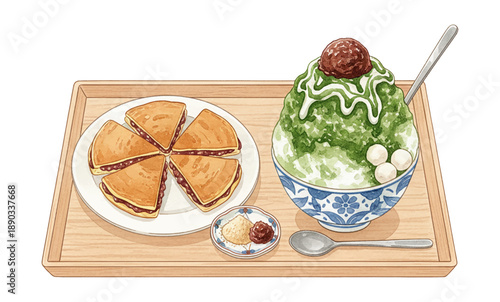 Delicious Japanese matcha kakigori and dorayaki dessert set on a wooden tray ready to eat