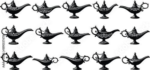 Black magic oil lamp silhouettes set, Arabian nights fantasy lanterns, antique mystical genie lamps