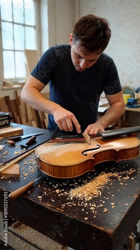 Skilled luthier meticulously carves a violin bridge in a rustic workshop setting