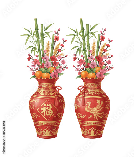 Traditional Chinese Vases with Bamboo Cherry Blossoms Wheat and Oranges for Good Fortune and Prosperity