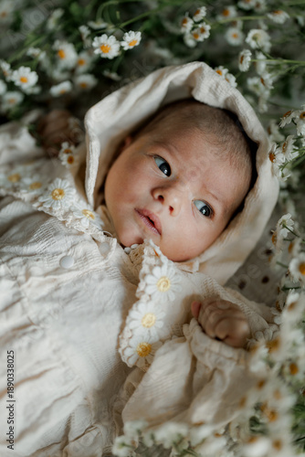 Newborn baby in soft white outfit resting among daisies in natural light
