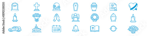 Funeral Line Editable Icons set. Vector illustration in modern thin style of death related icons: types of tombstones, death certificates, funeral rituals, and more.  Isolated on white background