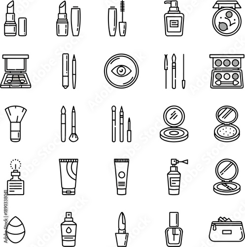 Collection of beauty and makeup icons, cosmetic products set, vector line art illustrations for beauty salons and makeup artists