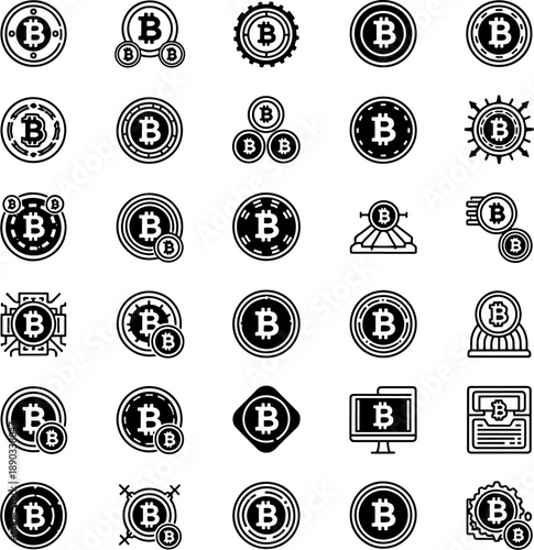 Bitcoin Cryptocurrency Coin Icons Set, Digital Currency Symbols Collection, Financial Technology Blockchain Vector Graphics