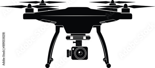Black drone silhouette with camera, professional aerial quadcopter for photography and filming, modern technology