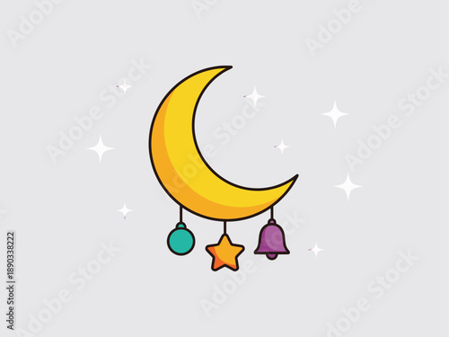 Crescent Moon with Hanging Ornaments and Stars.