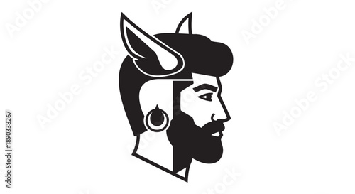 Viking warrior illustration showcasing profile view and helmet details in a monochrome artistic representation
