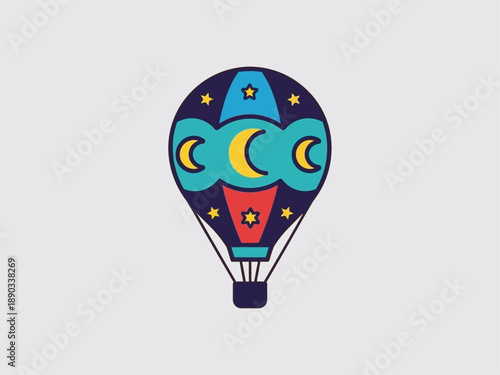 Colorful Hot Air Balloon with Moon Stars.