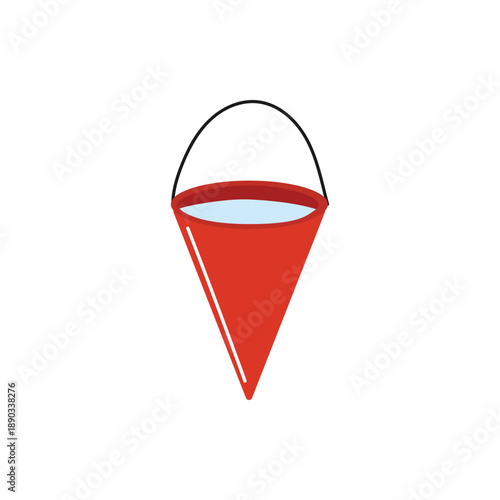 Cone fire bucket red-metallic with water. Fire shield element for extinguishing fires with water. Color vector illustration.