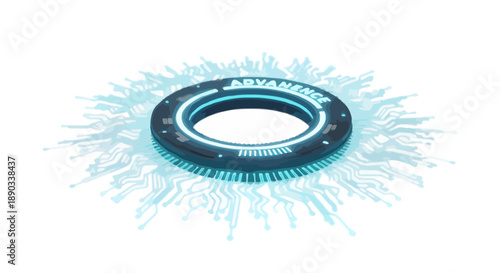 Abstract 3D Cyber Technology Ring - Glowing Blue HUD Interface with Digital Circuitry Background