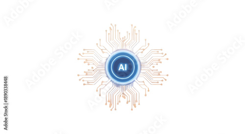Artificial Intelligence AI Microchip Concept - Futuristic Central Processor with Glowing Circuit Board Lines