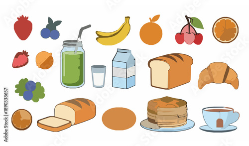 Cute Flat Breakfast Food and Drink Cartoon Vector Set