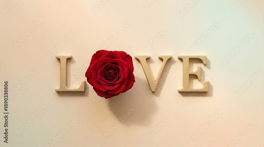Fototapeta premium LOVE Word with Red Rose on Pastel Background – Romantic Valentine Concept
