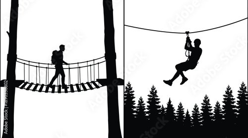 Adventure park silhouettes showing hiker crossing rope bridge and zipline rider above forest representing outdoor recreation, extreme sports, travel adventure,