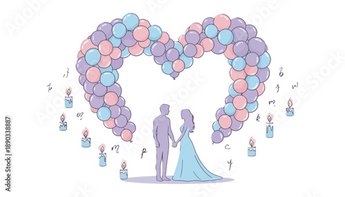 A cartoon illustration of a couple standing under a heart-shaped balloon arch