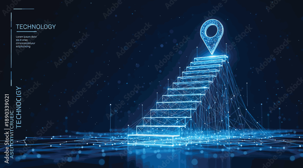 Εκτύπωση καμβά Futuristic glowing blue staircase of data points ascending to location pin icon,