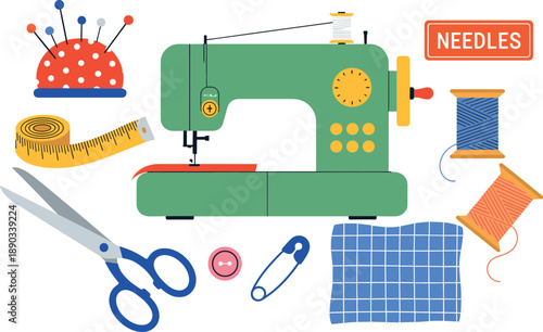 Professional sewing kit with green electric machine and tailor accessories