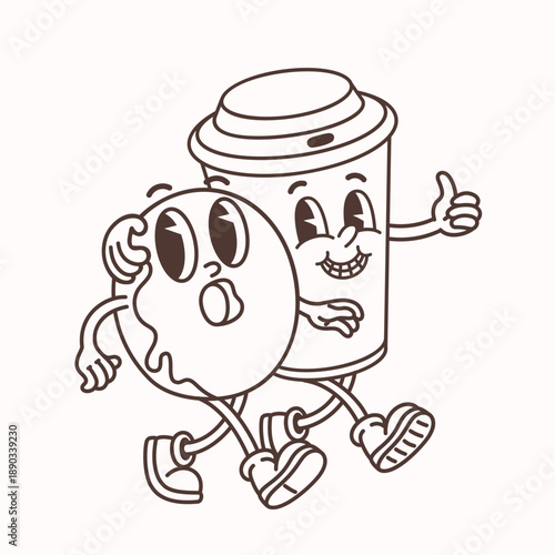 Retro cartoon coffee and donut character in groovy vintage line style with sm...