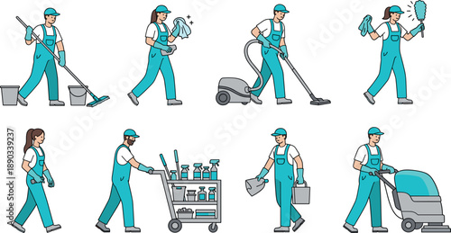 Professional cleaning service staff characters performing various janitorial tasks