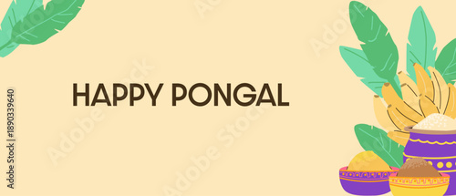 India pongal harvest festival background with rice, traditional spices and bananas. Vector flat illustration can used for traditional festival of India. Happy Pongal banner design.