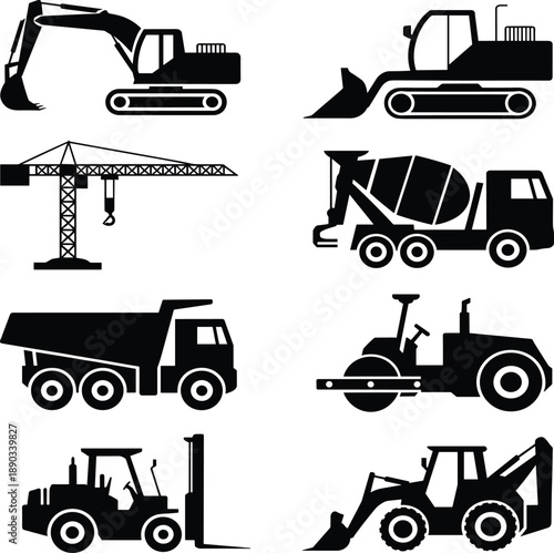 Black and white construction machinery set equipment