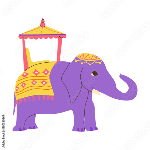 Indian elephant. Cartoon vector illustration isolated. An elephant with a palanquin is a decoratively decorated animal for travel, parades and festivals.