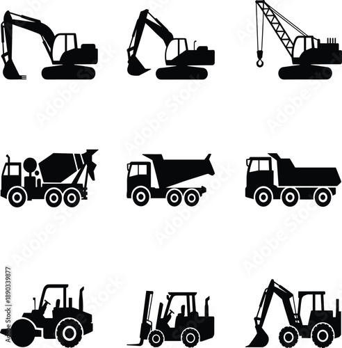 Black and white construction machinery silhouettes
