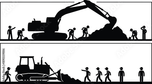 Construction worker silhouettes with excavator and bulldozer performing earthmoving operations on industrial site representing teamwork, heavy machinery