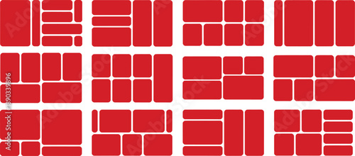 An arrangement of various sized red rectangular blocks displayed in a grid pattern on transparent background high-quality professional detailed modern