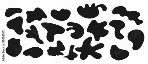 Abstract black irregular blob shapes in vector format. Organic freeform liquid forms, perfect for masks, backgrounds, posters, branding, and modern web or mobile UI.
