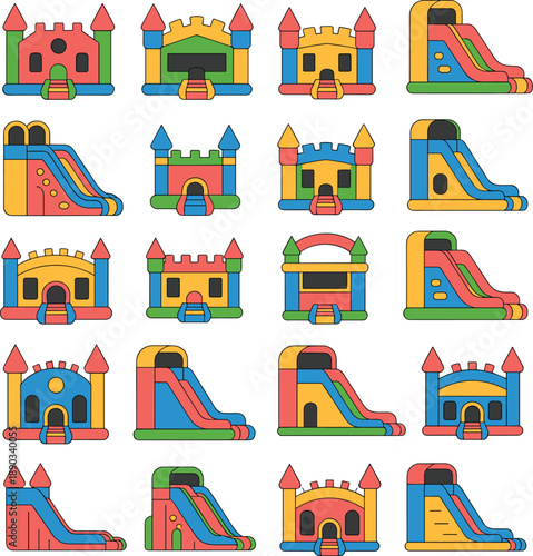 Colorful inflatable bounce house and slide icon set, kids playground amusement park collection, cartoon illustration for party rentals, festivals, events and fun.