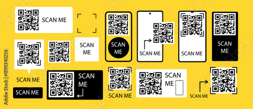 Scan me. QR code icon frame set for mobile and web. Black and white vector borders for scanner screens, app buttons, and digital mockups on yellow backgrounds.