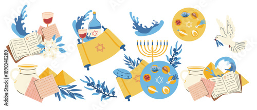 Happy passover elements, clipart set. Vector illustration in cartoon flat style. Jewish holiday of Exodus Egypt, compositions for cards, banners, passover backgrounds. Seder plate and other icons.