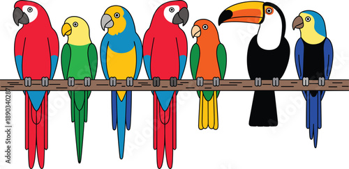 Colorful tropical birds cartoon illustration with parrots and toucan sitting on branch, exotic wildlife character collection isolated on white background.