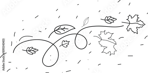 Leaf wind doodle line sketch set. Hand drawn doodle wind motion, air blow, leaf falling elements. Sketch drawn air weather, autumn falling concept. Isolated vector illustration.
