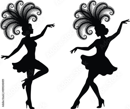 Elegant showgirl dancer silhouettes with decorative feather headdresses in dynamic poses, black and white illustration inspired by cabaret, burlesque performance and vintage stage fashion