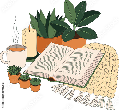 Cozy reading corner illustration with open book, warm tea cup, candle and houseplants, relaxing home lifestyle concept for self care and comfort.
