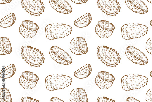 Soursop guanabana fruit seamless pattern. Graviola in linear vintage style. Engraving tropical fruit background. Can used for textile, wrapping, fabric design. Exotic fruit hand drawn outline sketch