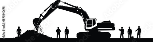 Excavator silhouette with construction workers operating heavy machinery on industrial site representing earthmoving, teamwork, civil engineering, and infrastructure development isolated 