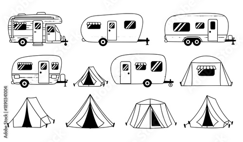 Colorful Campers RV and Camping Caravan Vector Set