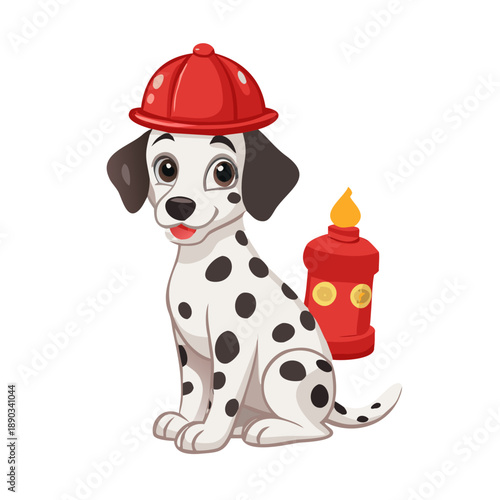 A classic white dalmatian dog with black spots wearing a red firefighter helmet and sitting next to a red fire hydrant.