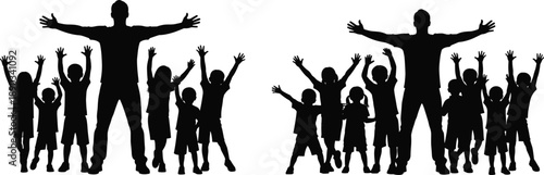 Happy children silhouettes with adult leader raising arms together representing family support, unity, community care, childhood development, and positive social growth isolated on white background