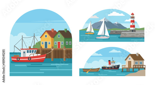 Coastal harbor and fishing village flat design illustrations
