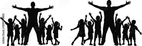 Happy children silhouettes with adult leader raising arms together symbolizing family unity, teamwork, community support, joyful childhood, and positive social development isolated on white background