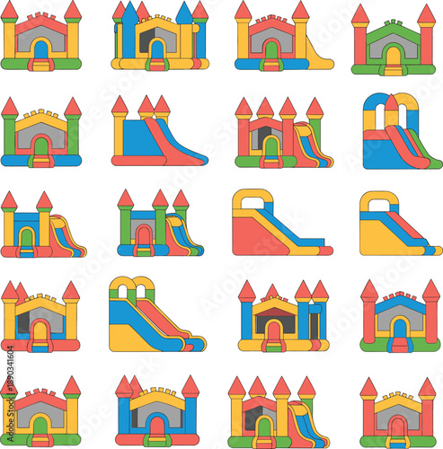 Set of colorful inflatable bounce house and slide icons, kids playground amusement park collection, cartoon illustration for party rentals, festivals and fun.