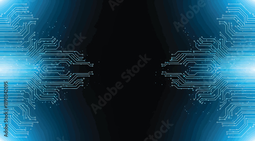 Symmetrical digital design with glowing blue circuit patterns flanking central void, representing electronic connectivity, data flow, and futuristic technology in a high-tech abstract visualization co