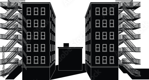 Minimalist Black and White Vector Illustration of Two Urban Apartment Buildings with External Fire Escapes and Symmetrical Architectural Silhouette Design on White Background (24 words)